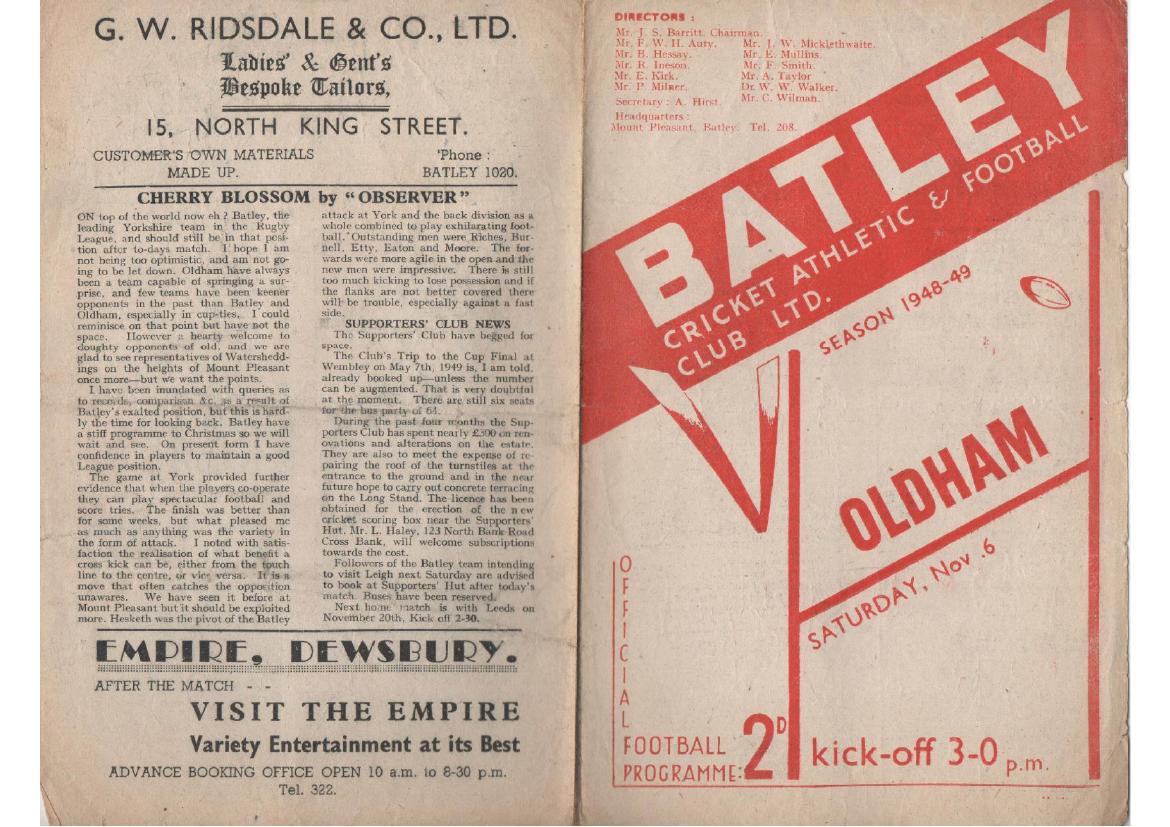 Programme cover: Oldham v Batley, 6 November 1948
