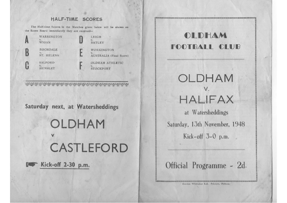Programme cover: Oldham v Halifax, 13 November 1948