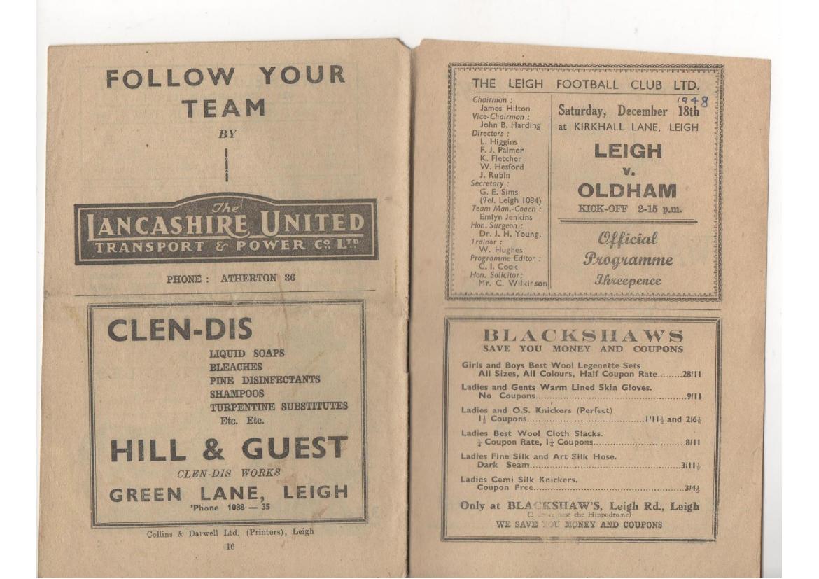 Programme cover: Oldham v Leigh, 18 December 1948