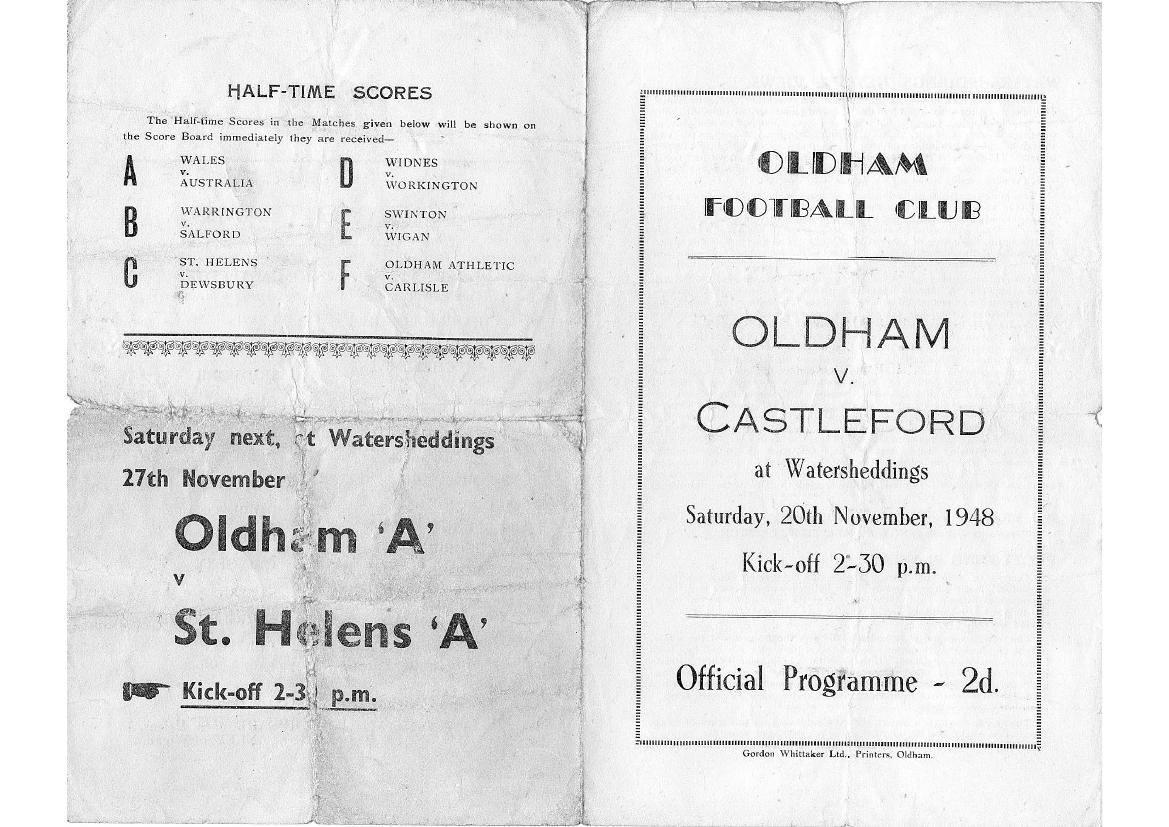 Programme cover: Oldham v Castleford, 20 November 1948