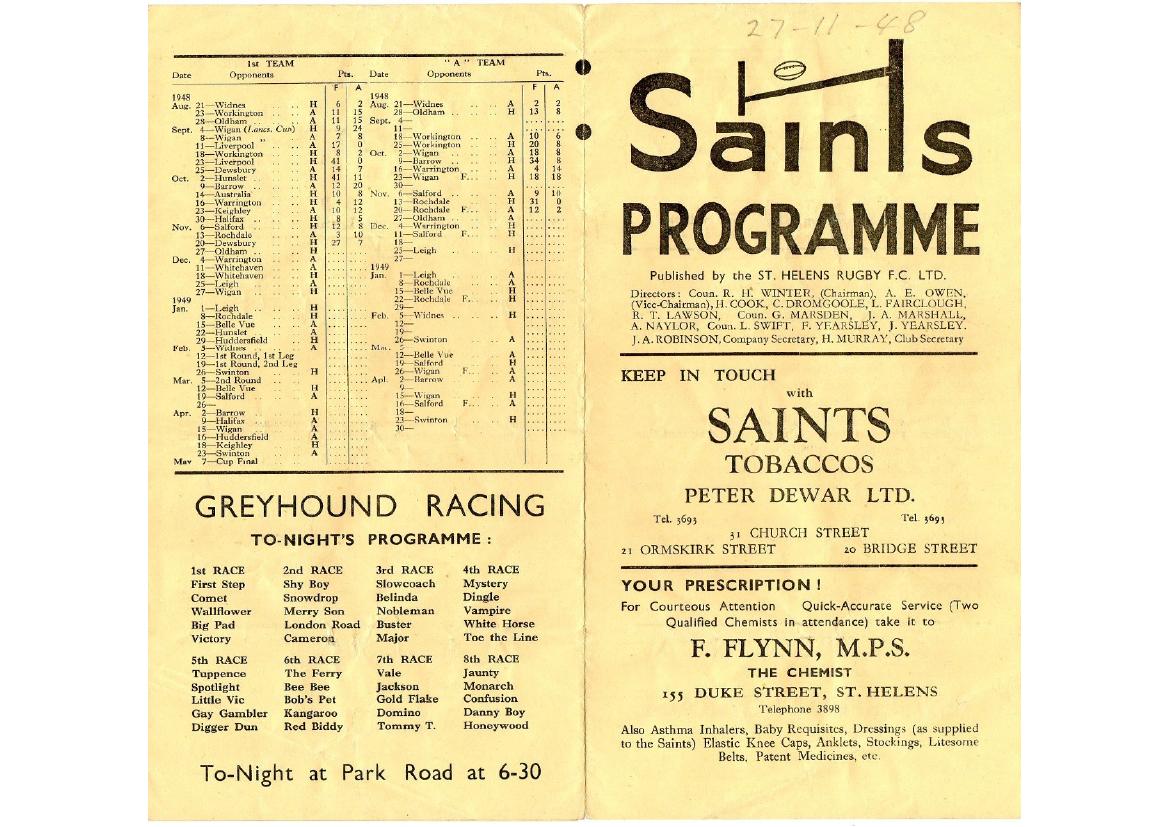 Programme cover: Oldham v St Helens, 27 November 1948