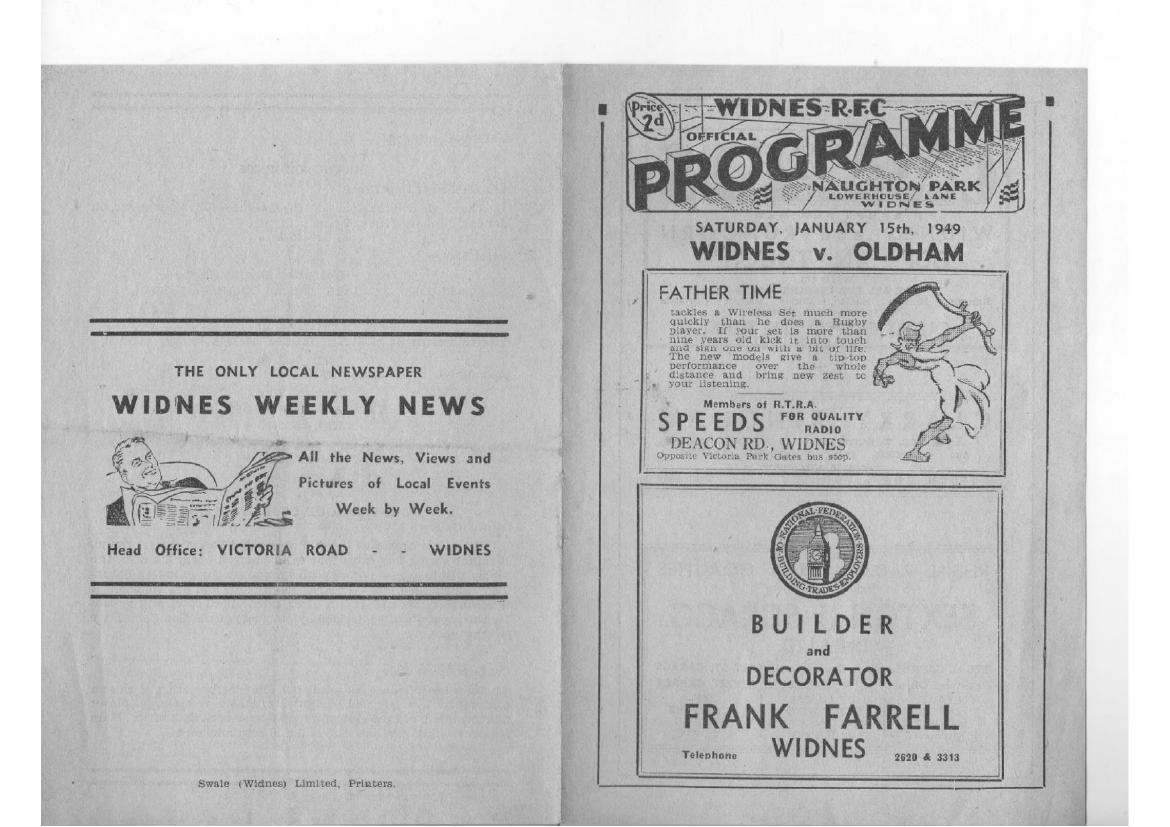 Programme cover: Oldham v Widnes, 15 January 1949