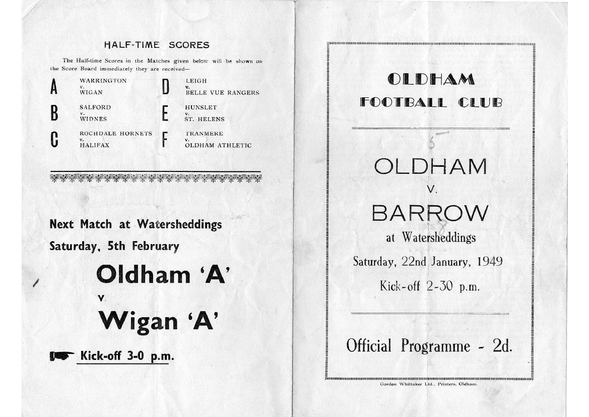 Programme cover: Oldham v Barrow, 22 January 1949