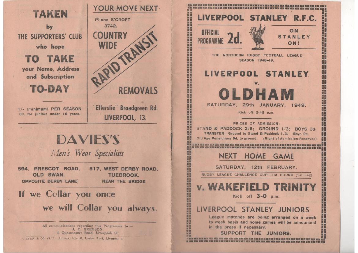 Programme cover: Oldham v Liverpool Stanley, 29 January 1949