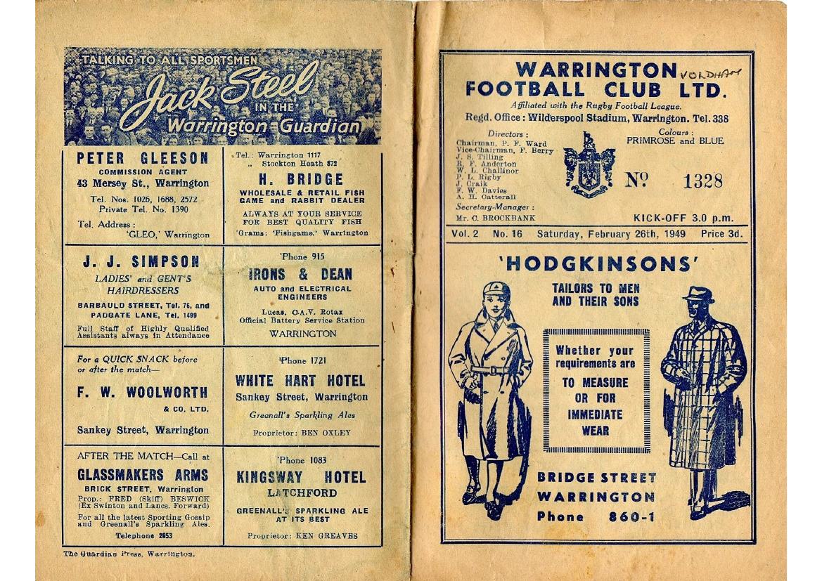 Programme cover: Oldham v Warrington, 26 February 1949