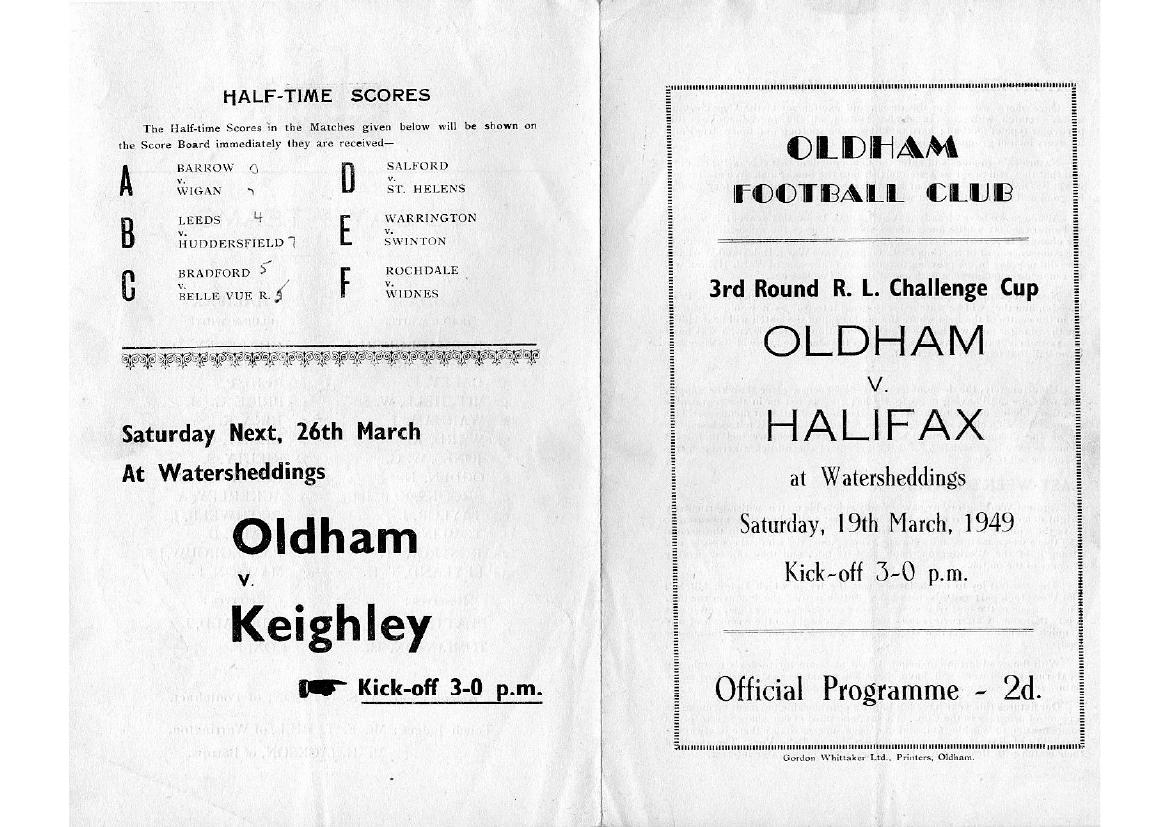 Programme cover: Oldham v Halifax, 19 March 1949