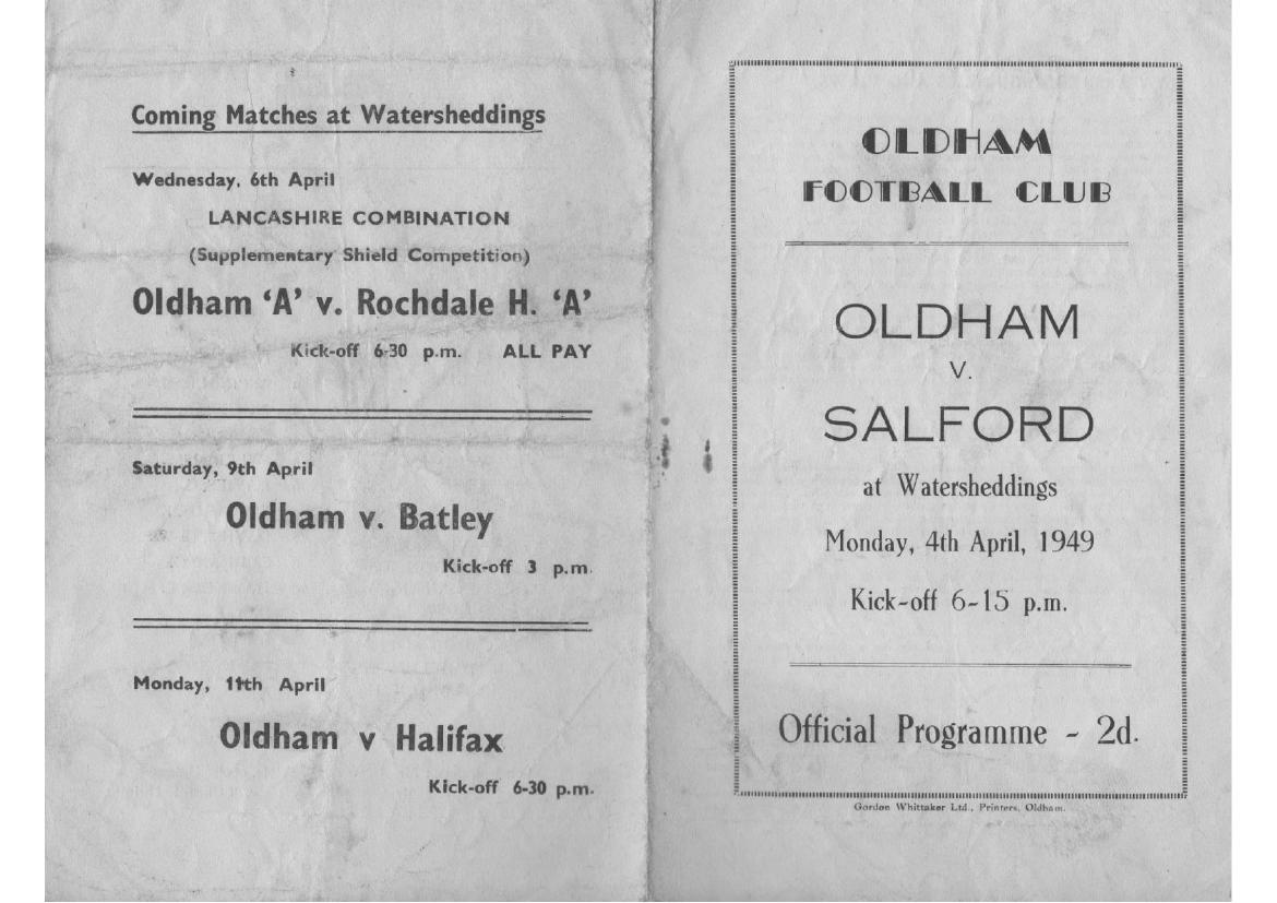 Programme cover: Oldham v Salford, 4 April 1949