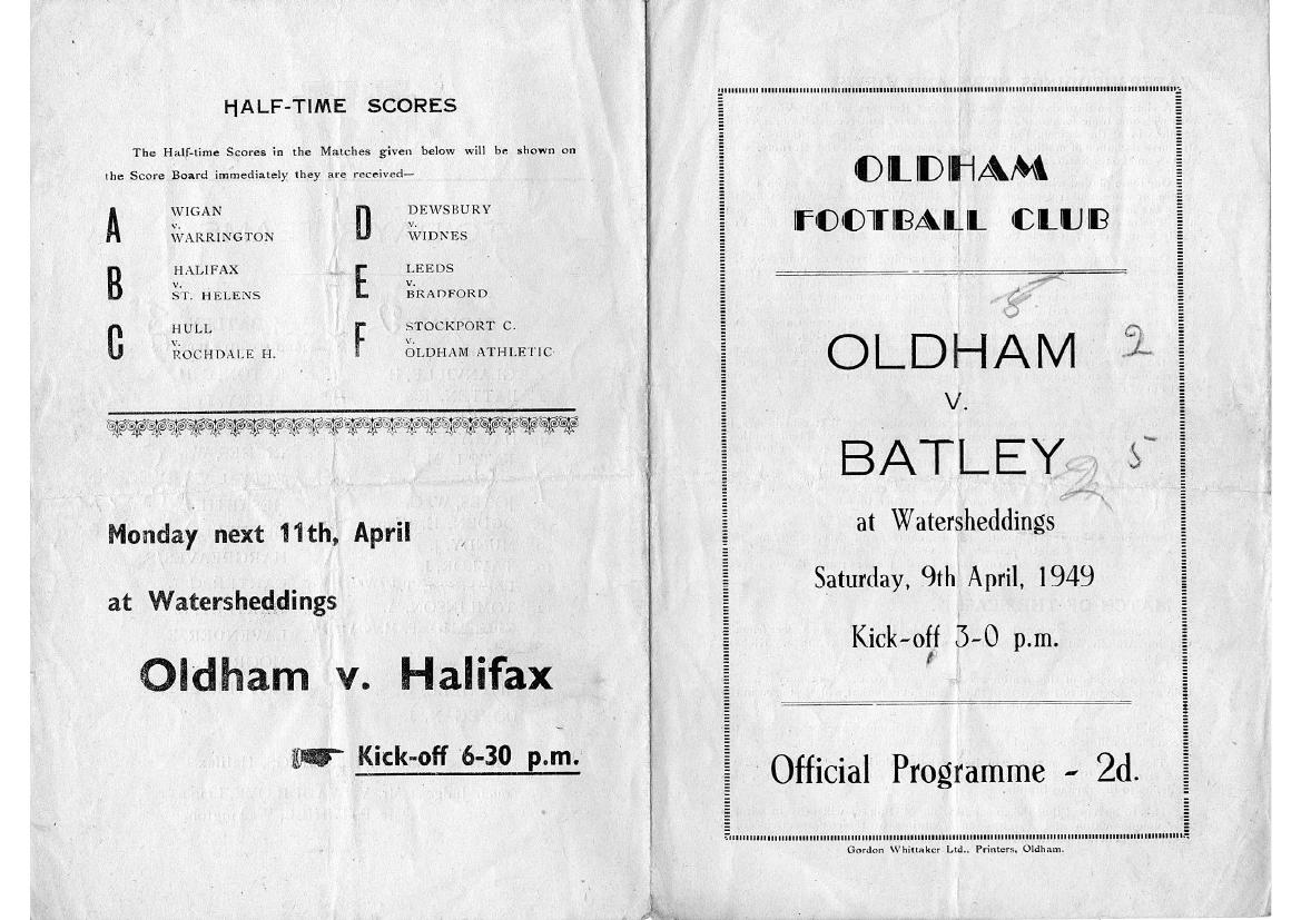 Programme cover: Oldham v Batley, 9 April 1949
