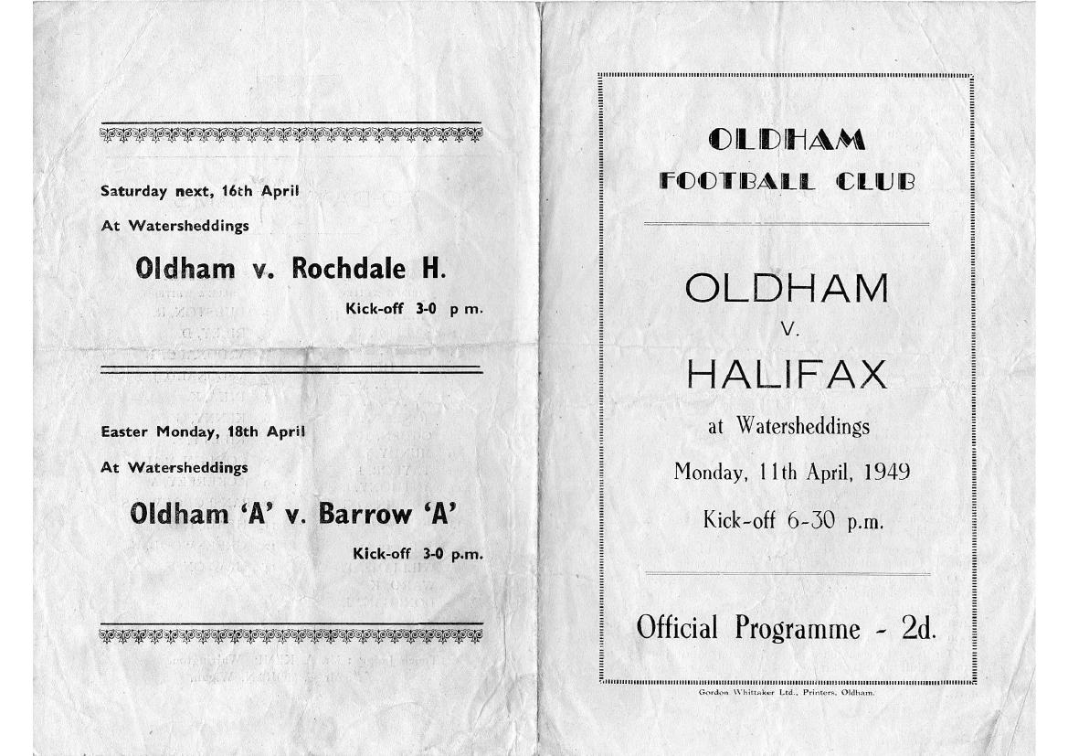 Programme cover: Oldham v Halifax, 11 April 1949