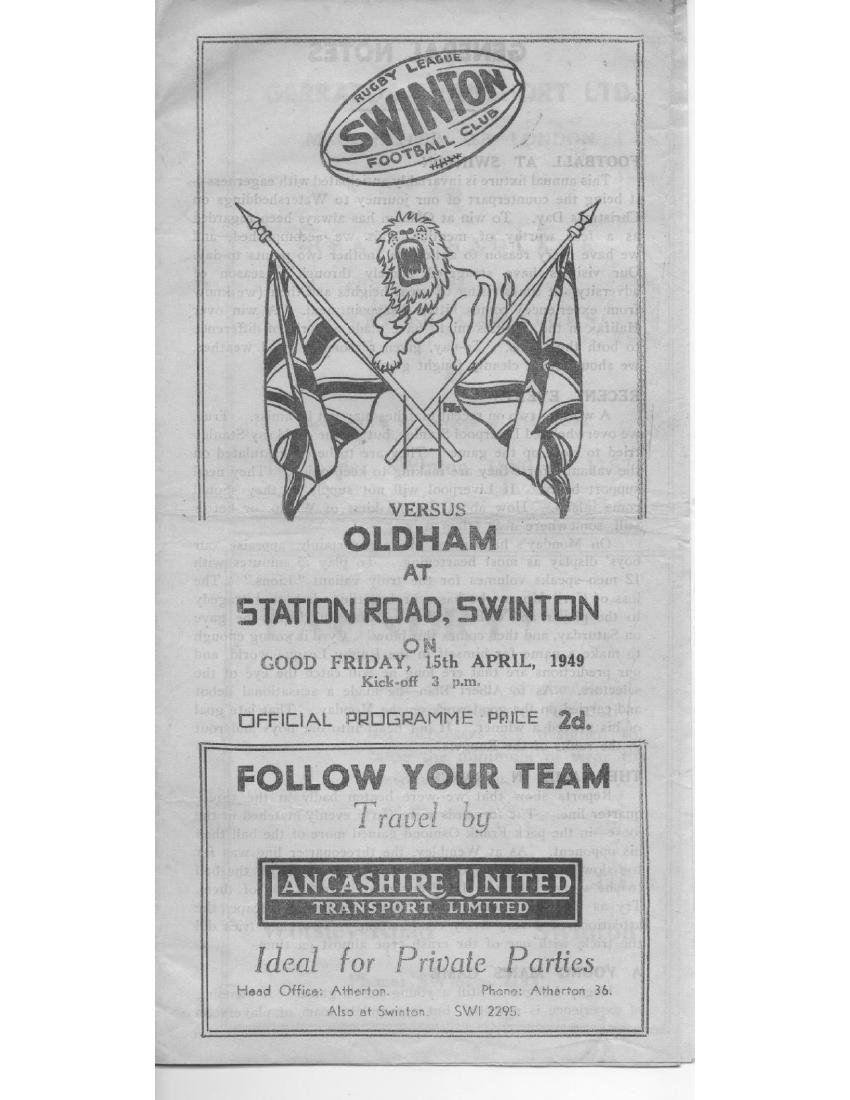 Programme cover: Oldham v Swinton, 15 April 1949