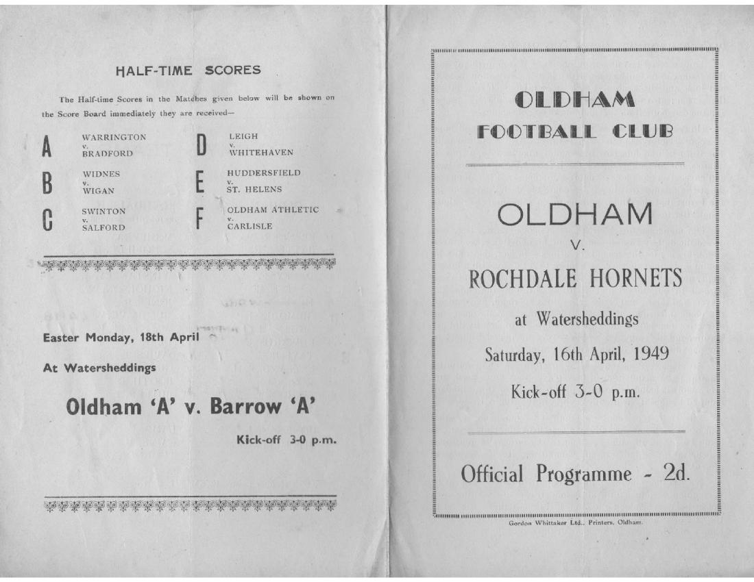 Programme cover: Oldham v Rochdale Hornets, 16 April 1949