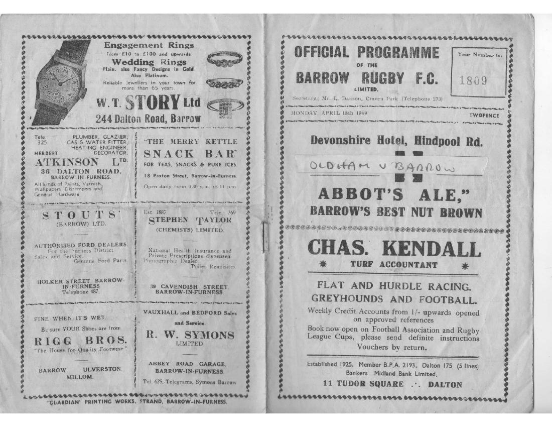 Programme cover: Oldham v Barrow, 18 April 1949