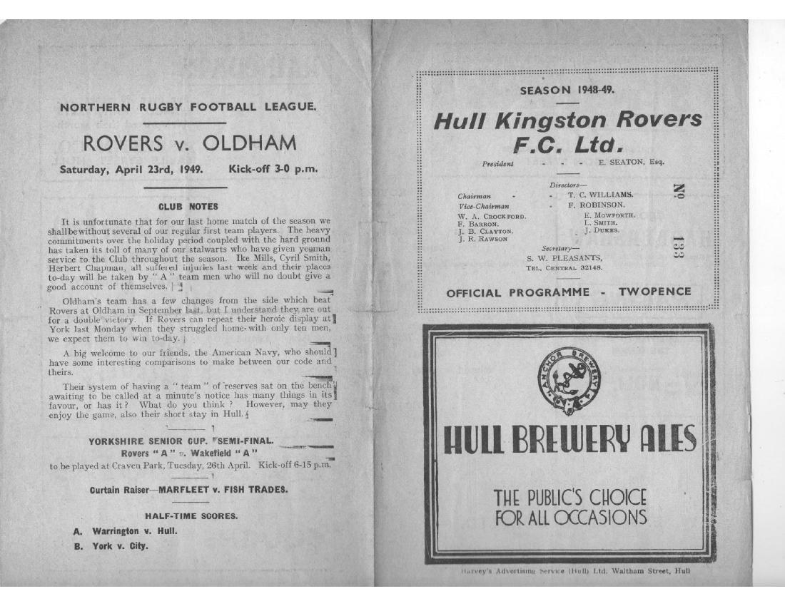 Programme cover: Oldham v Hull Kingston Rovers, 23 April 1949