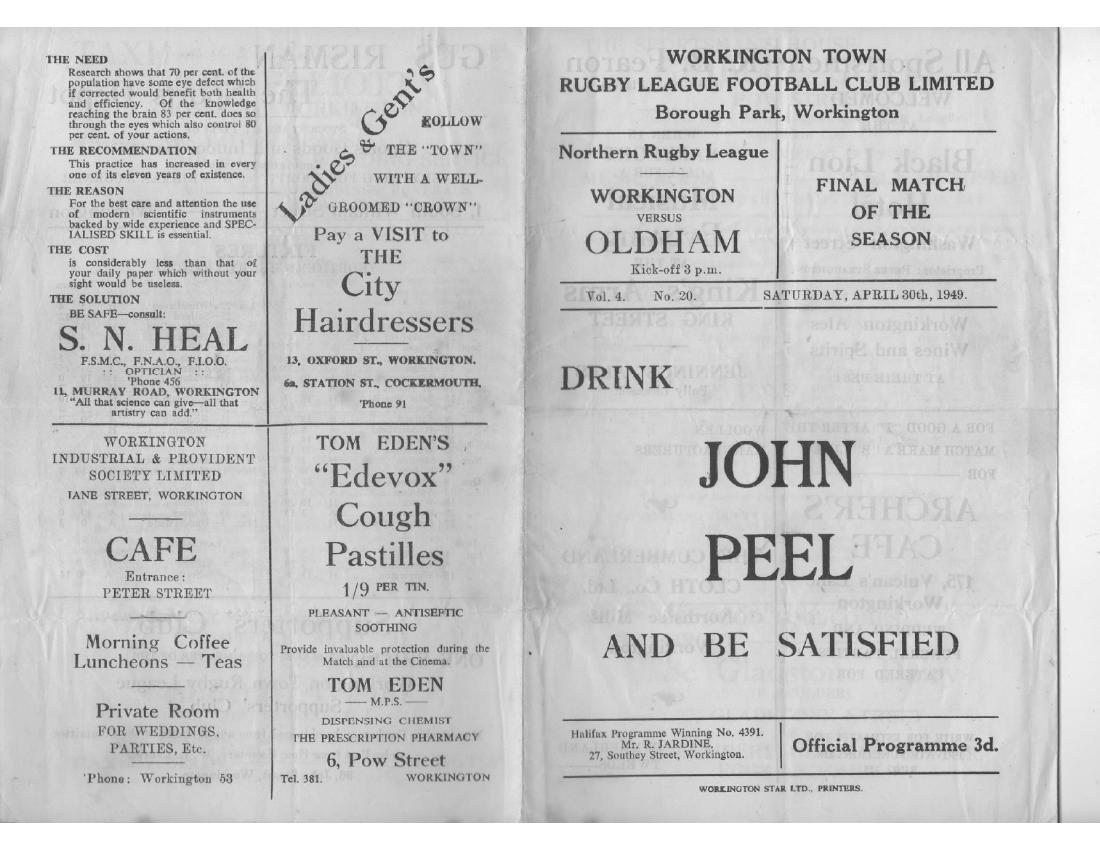 Programme cover: Oldham v Workington Town, 30 April 1949