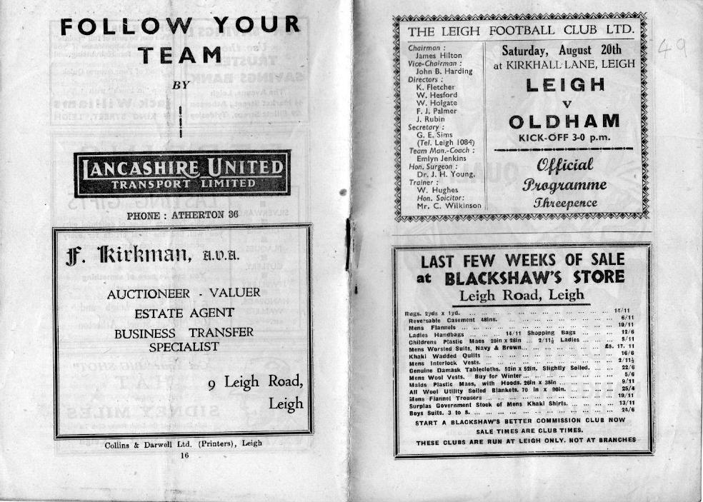 Programme cover: Oldham v Leigh, 20 August 1949