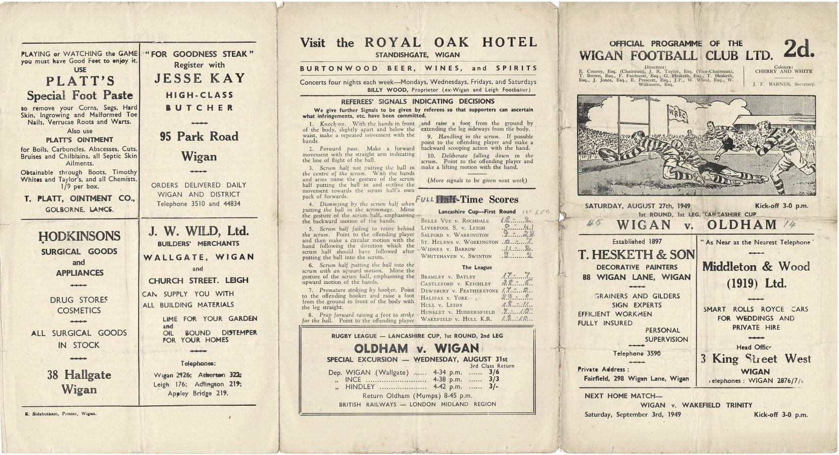 Programme cover: Oldham v Wigan, 27 August 1949