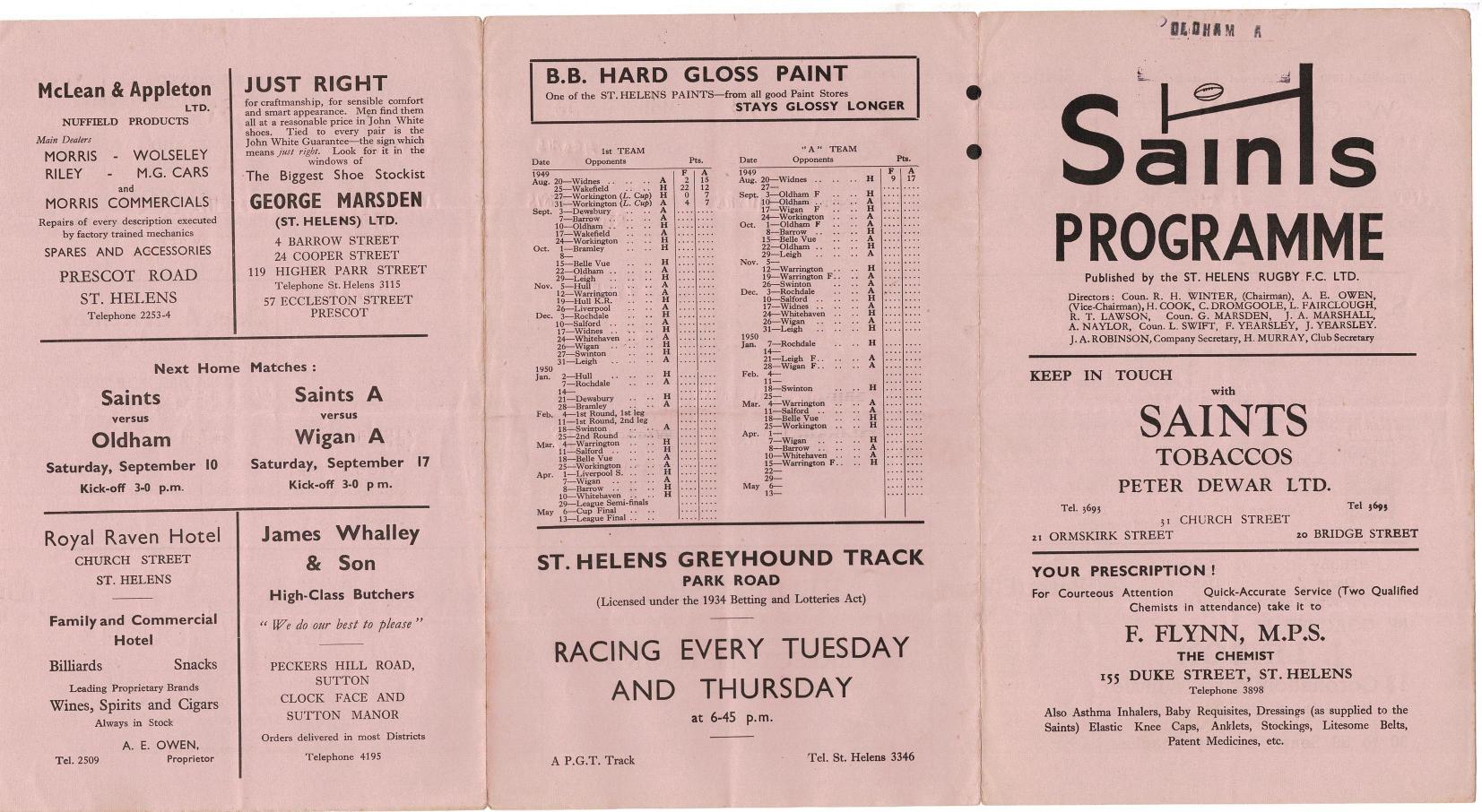 Programme cover: Oldham v Hunslet, 3 September 1949