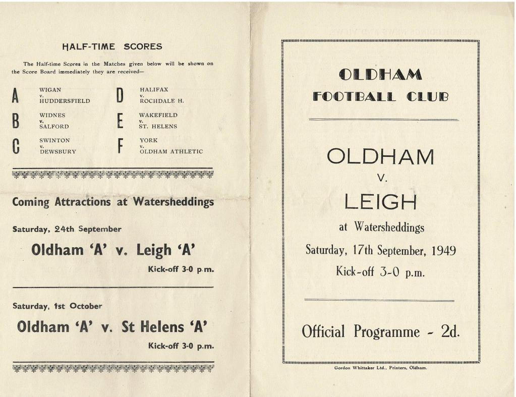 Programme cover: Oldham v Leigh, 17 September 1949