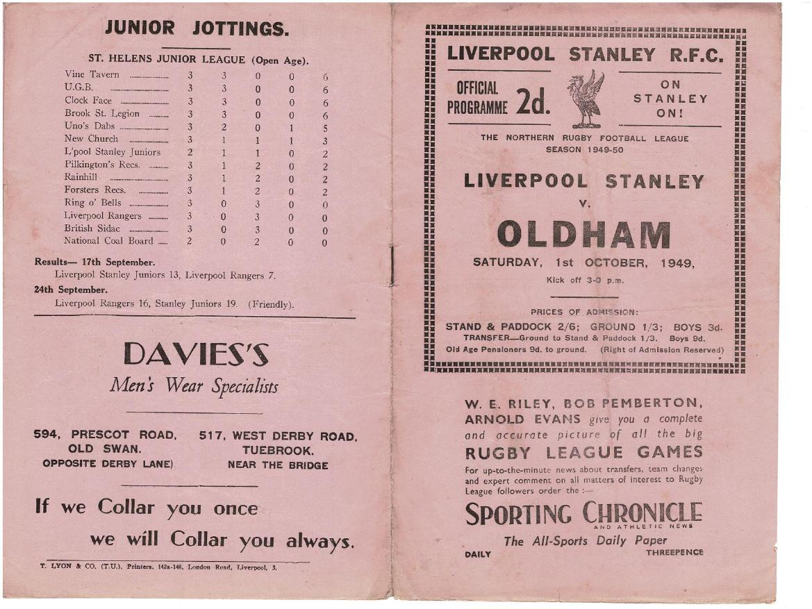 Programme cover: Oldham v Liverpool Stanley, 1 October 1949