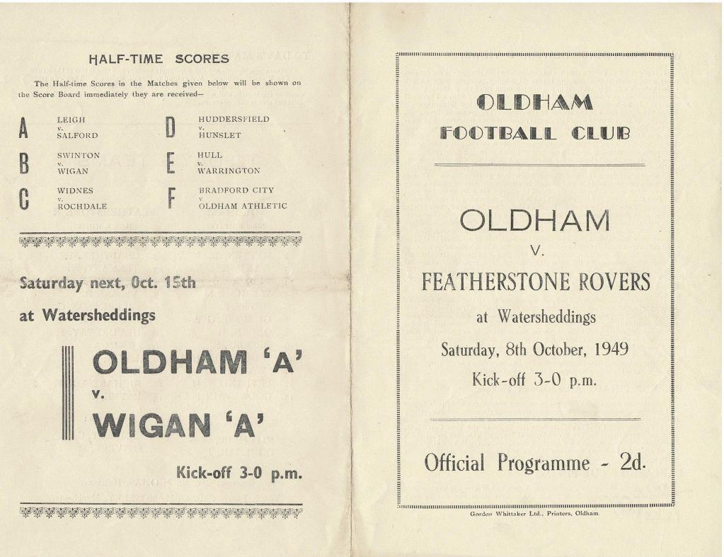 Programme cover: Oldham v Featherstone Rovers, 8 October 1949
