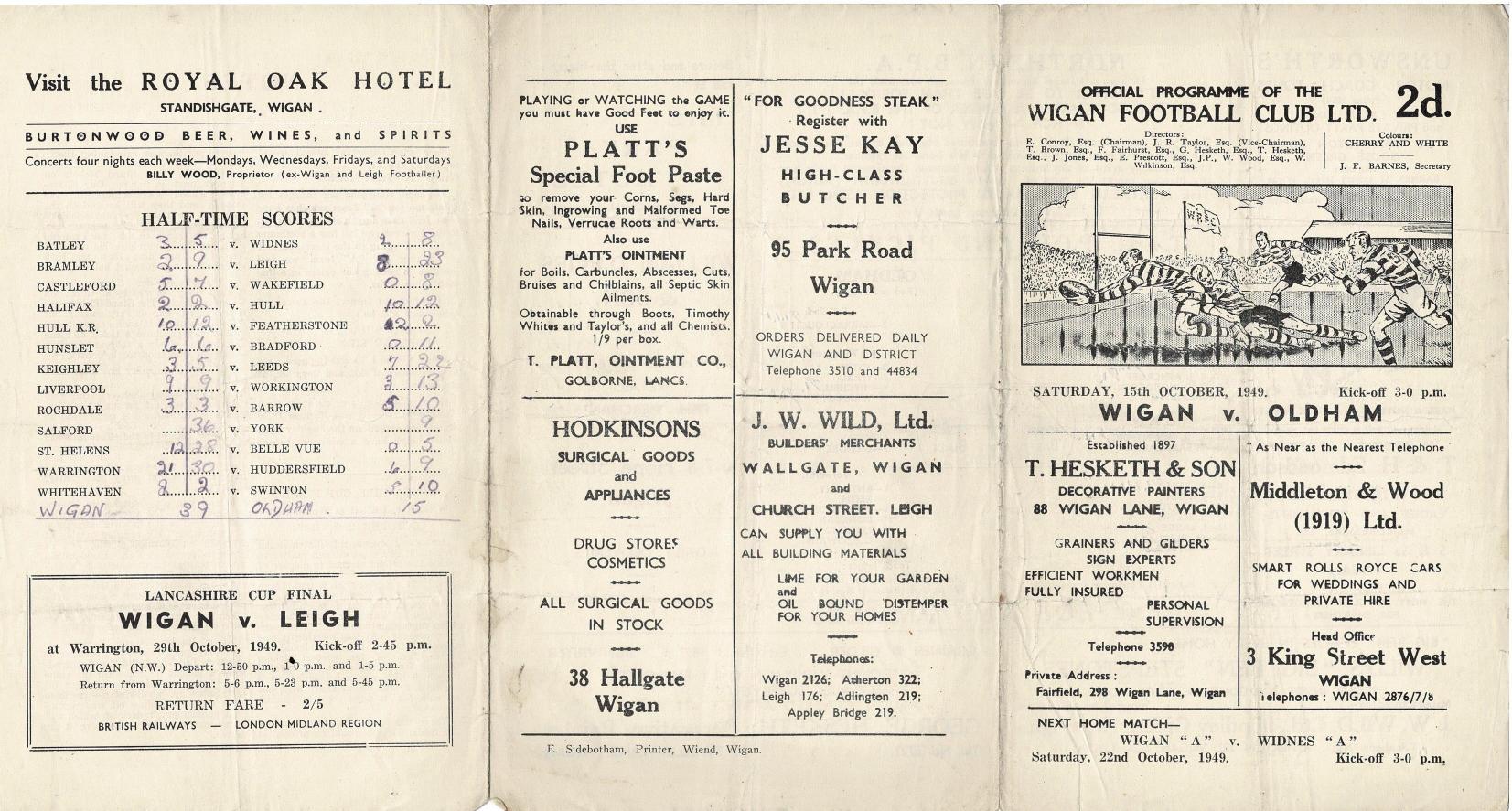 Programme cover: Oldham v Wigan, 15 October 1949