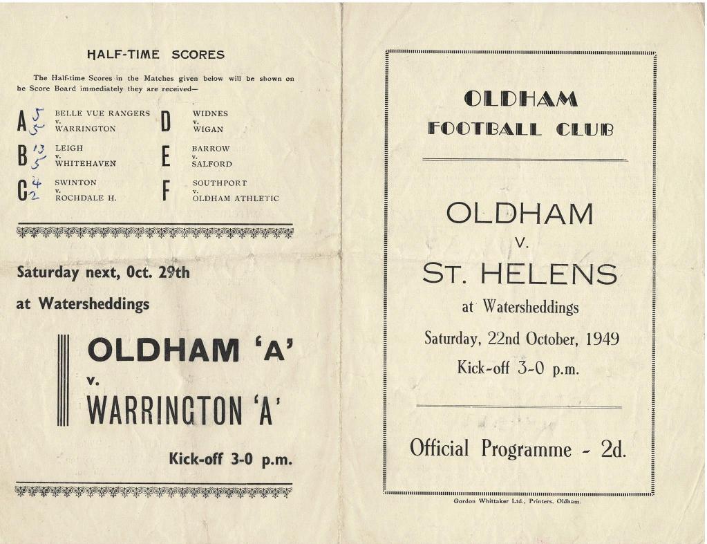 Programme cover: Oldham v St Helens, 22 October 1949