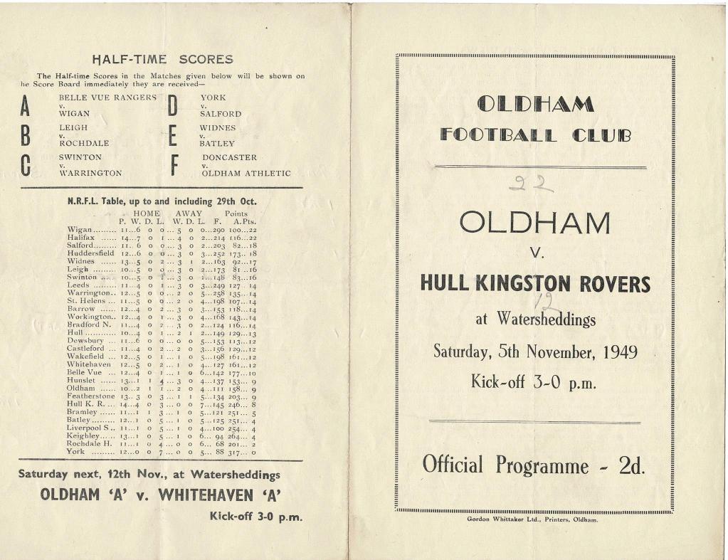 Programme cover: Oldham v Hull Kingston Rovers, 5 November 1949