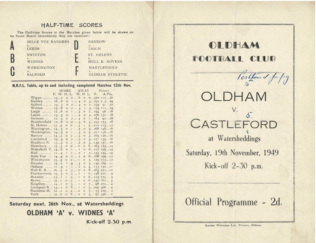 Programme cover: Oldham v Castleford, 19 November 1949