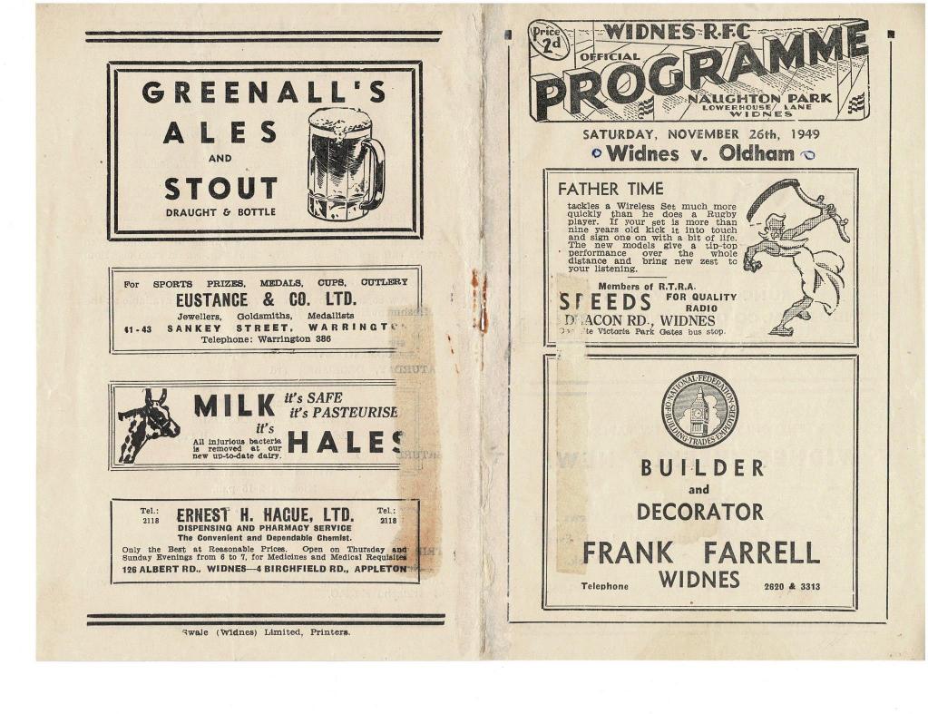 Programme cover: Oldham v Widnes, 26 November 1949