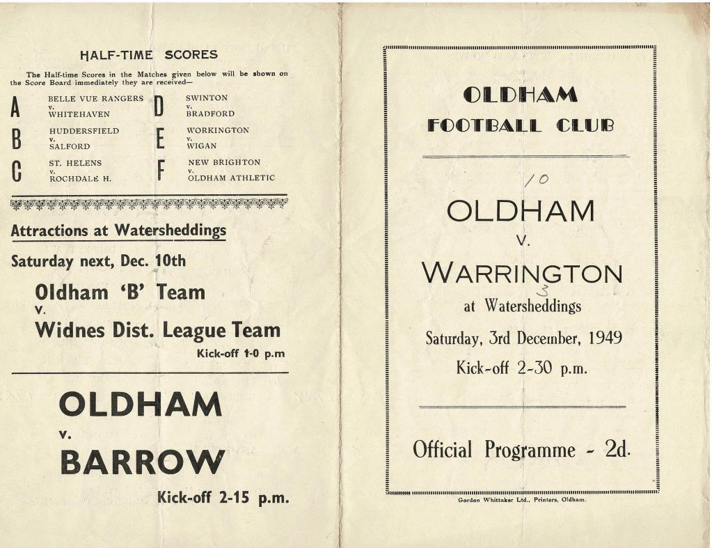 Programme cover: Oldham v Warrington, 3 December 1949