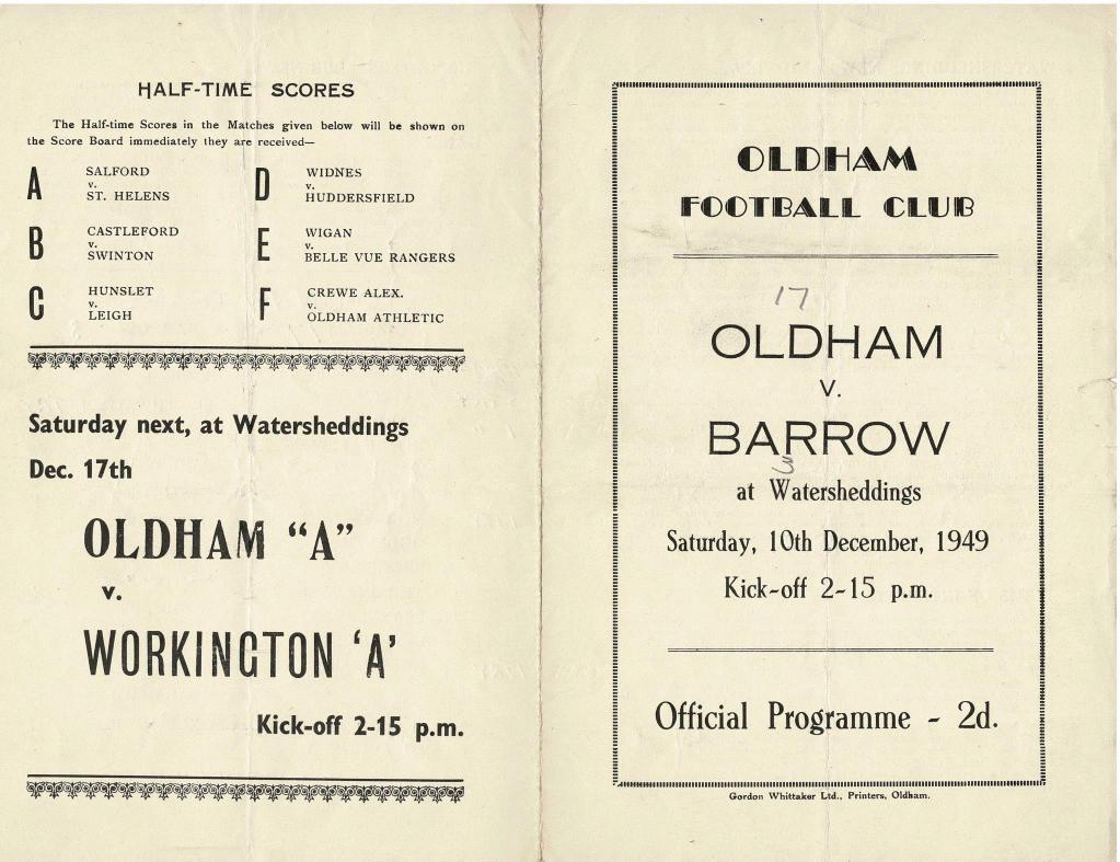 Programme cover: Oldham v Barrow, 10 December 1949