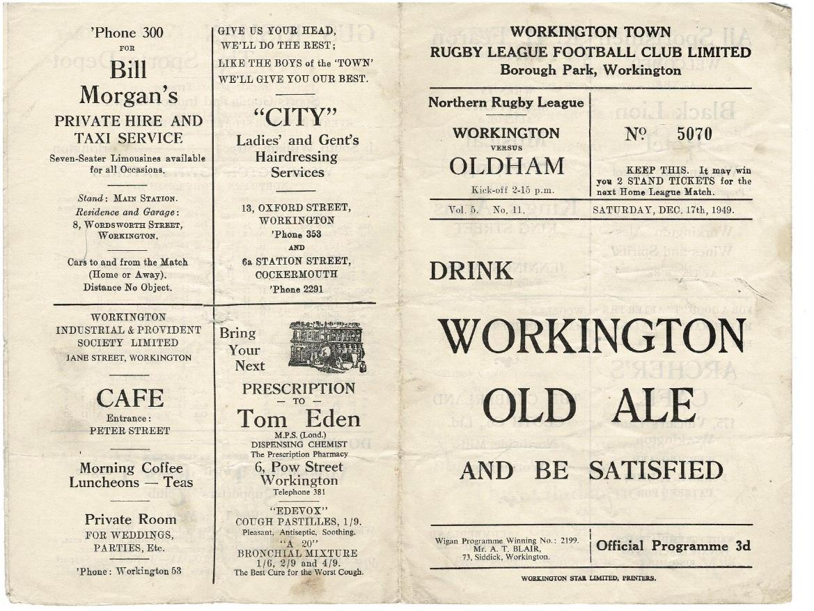 Programme cover: Oldham v Workington Town, 17 December 1949