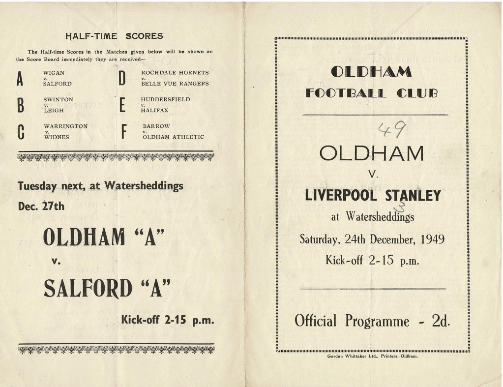 Programme cover: Oldham v Liverpool Stanley, 24 December 1949