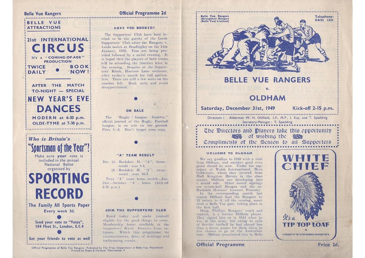 Programme cover: Oldham v Belle Vue Rangers, 31 December 1949