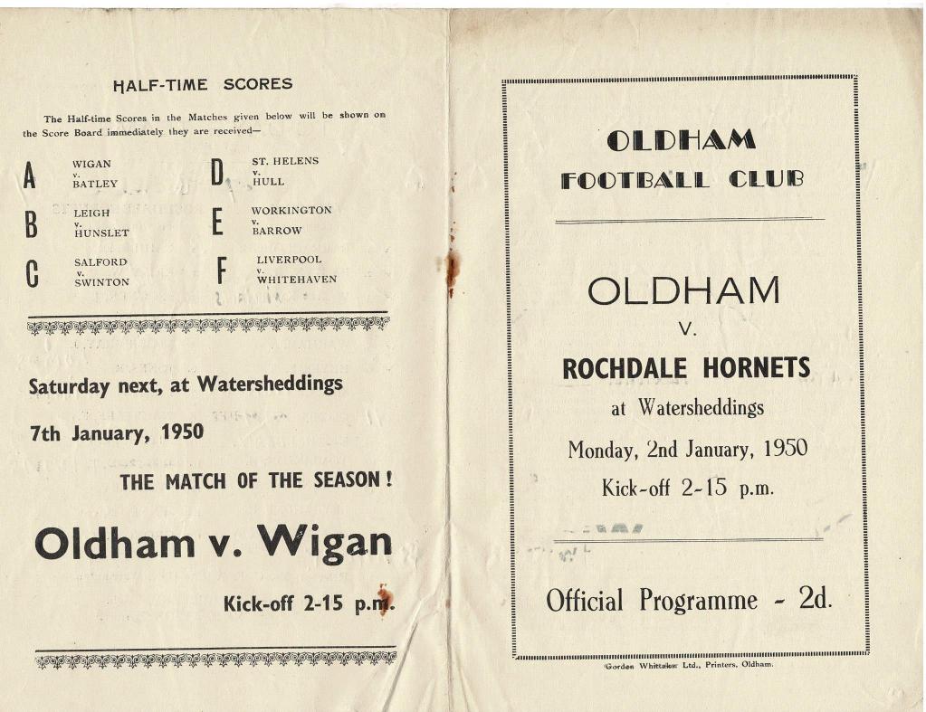 Programme cover: Oldham v Rochdale Hornets, 2 January 1950