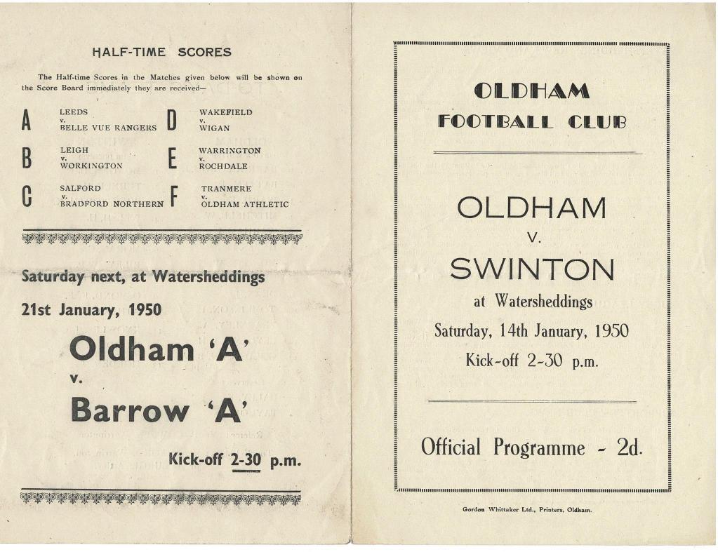 Programme cover: Oldham v Swinton, 14 January 1950