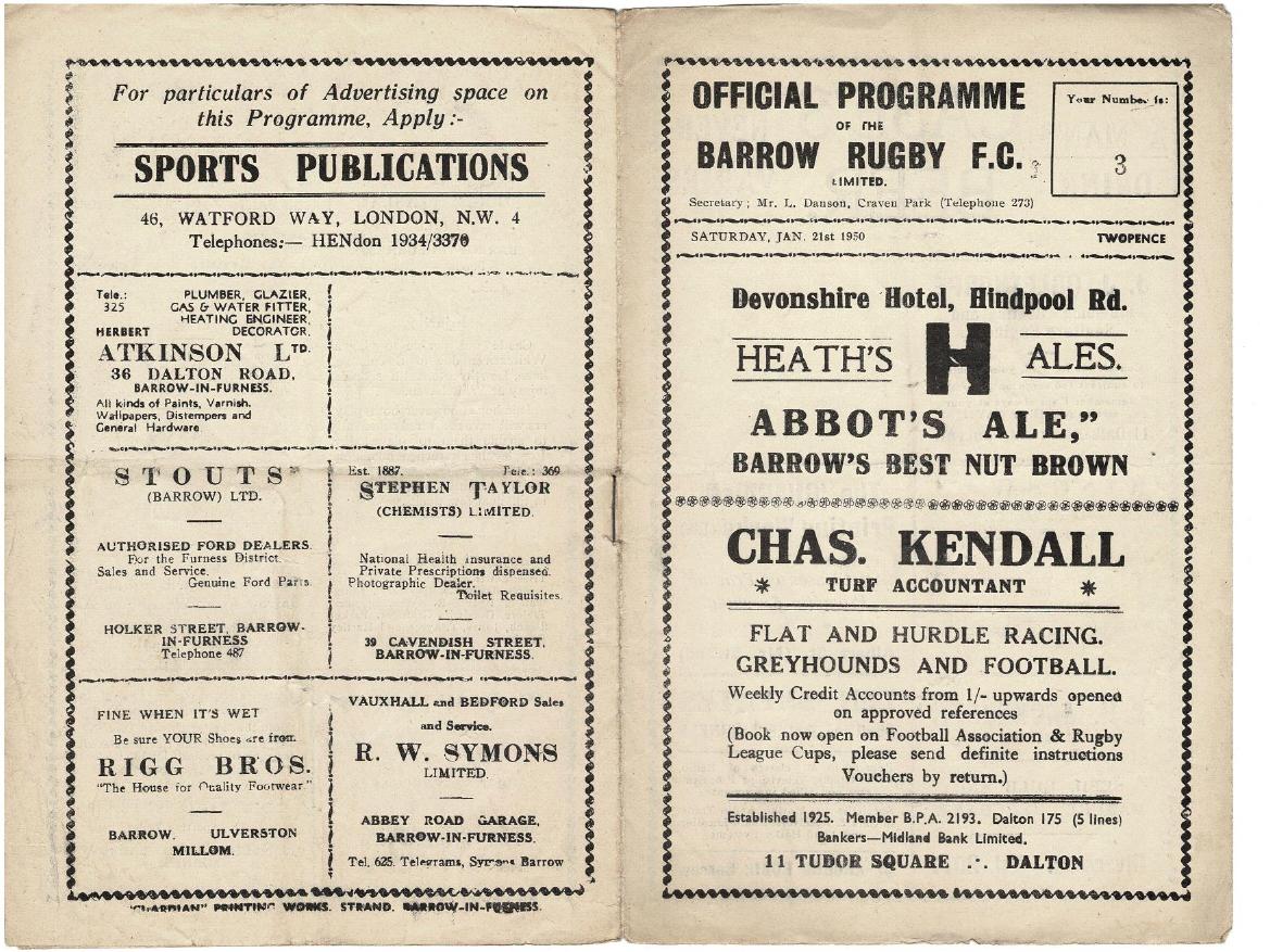 Programme cover: Oldham v Barrow, 21 January 1950
