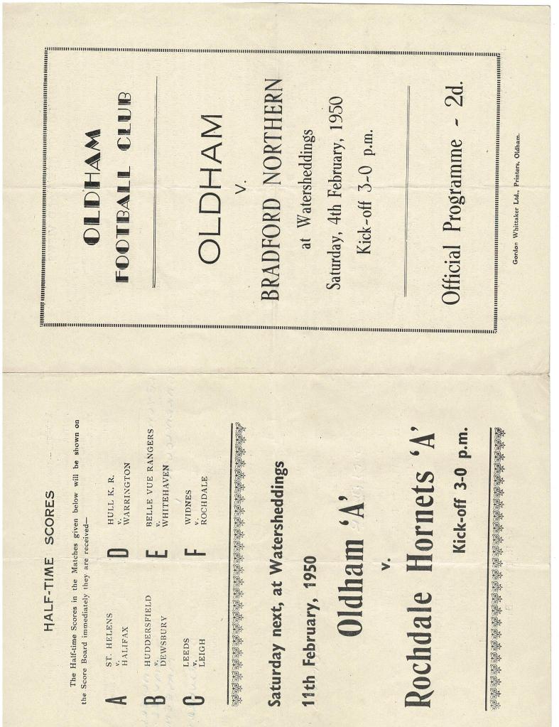 Programme cover: Oldham v Bradford Northern, 4 February 1950