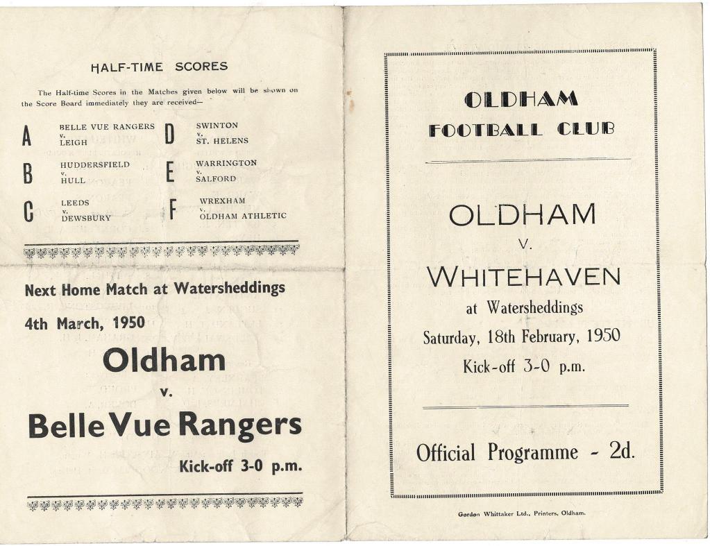 Programme cover: Oldham v Whitehaven, 18 February 1950