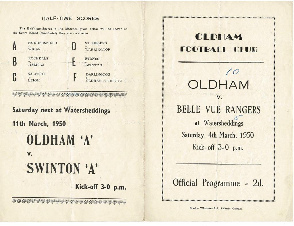 Programme cover: Oldham v Belle Vue Rangers, 4 March 1950
