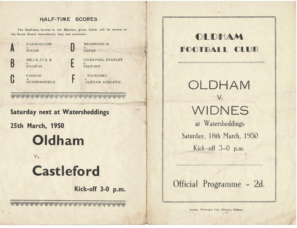 Programme cover: Oldham v Widnes, 18 March 1950