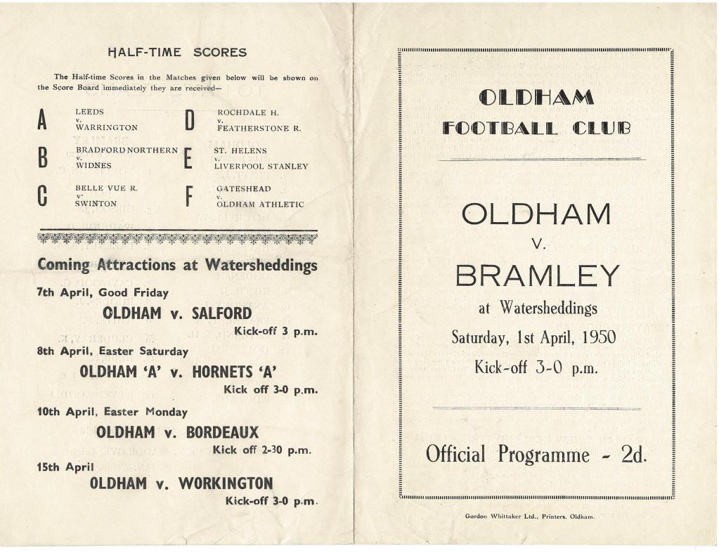 Programme cover: Oldham v Bramley, 1 April 1950