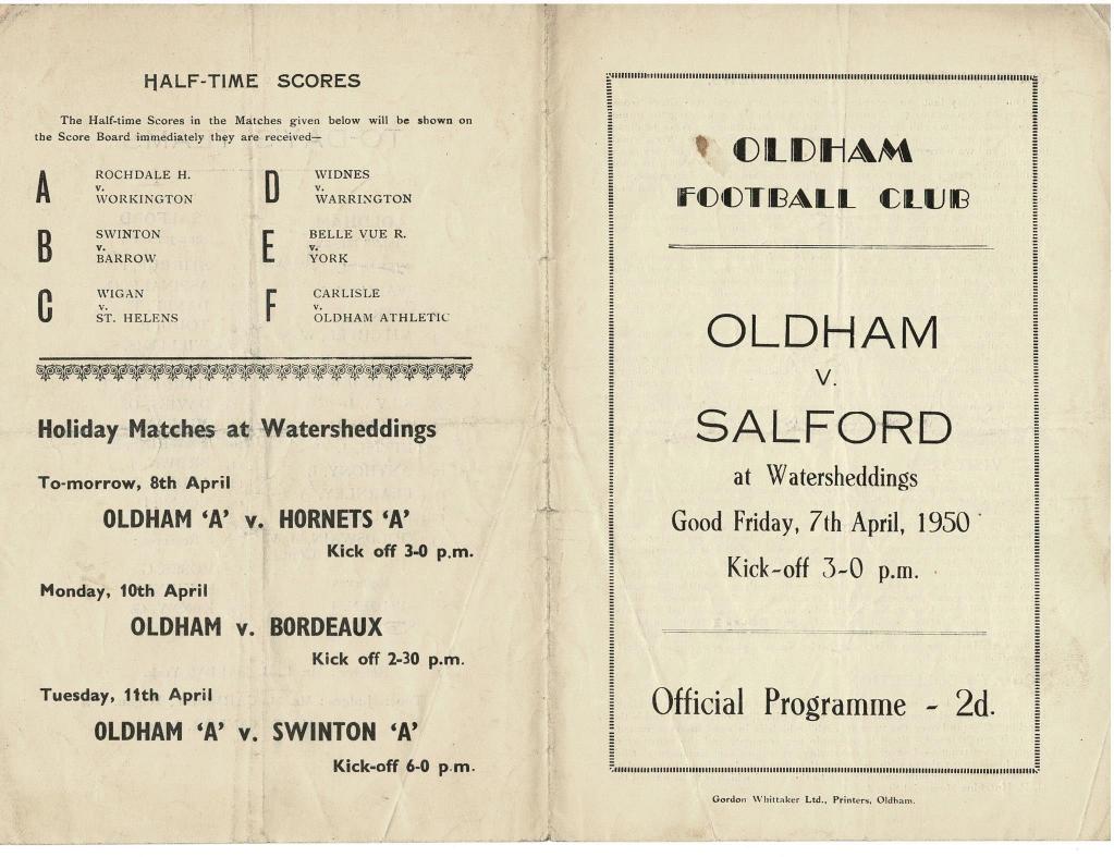 Programme cover: Oldham v Salford, 7 April 1950