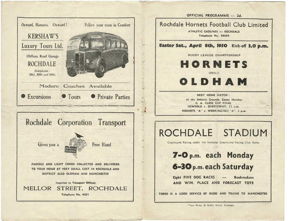 Programme cover: Oldham v Rochdale Hornets, 8 April 1950