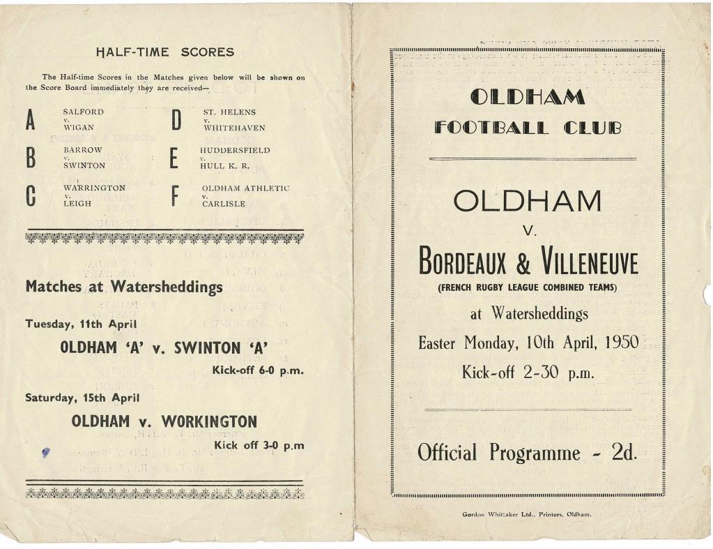 Programme cover: Oldham v Bordeaux & Villeneuve, 10 April 1950