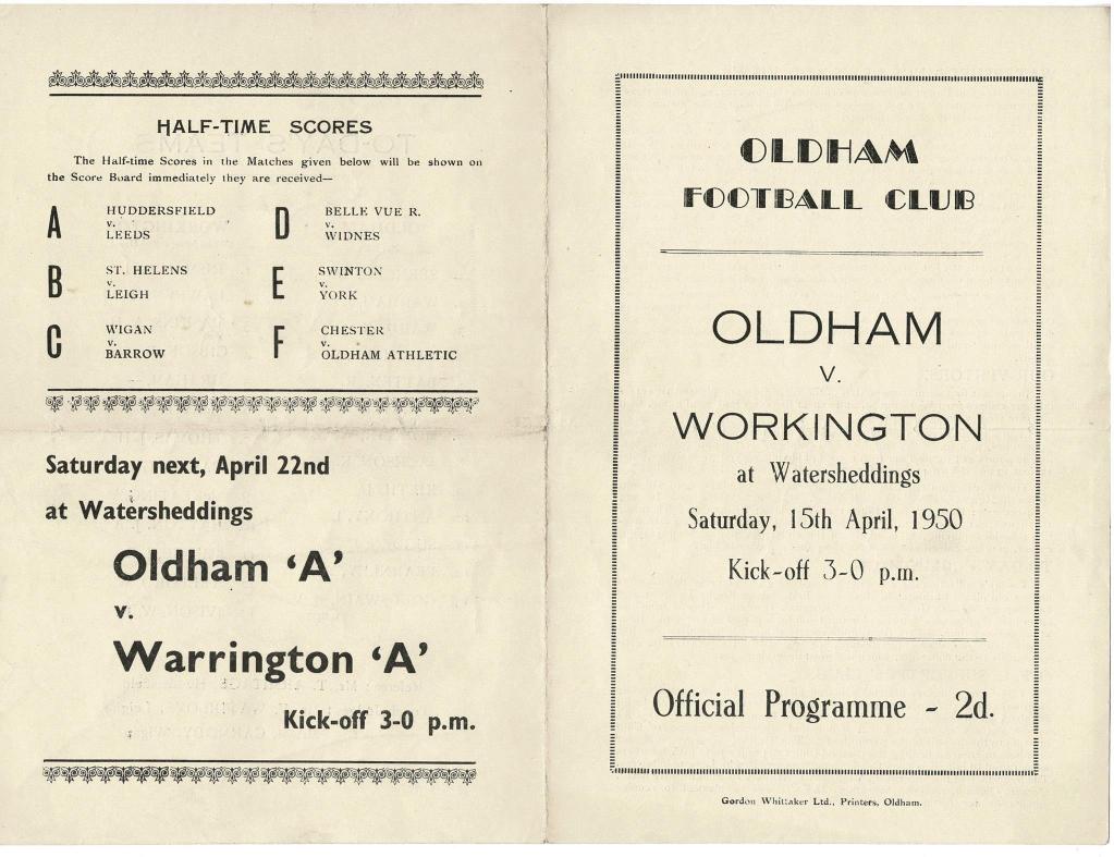 Programme cover: Oldham v Workington Town, 15 April 1950