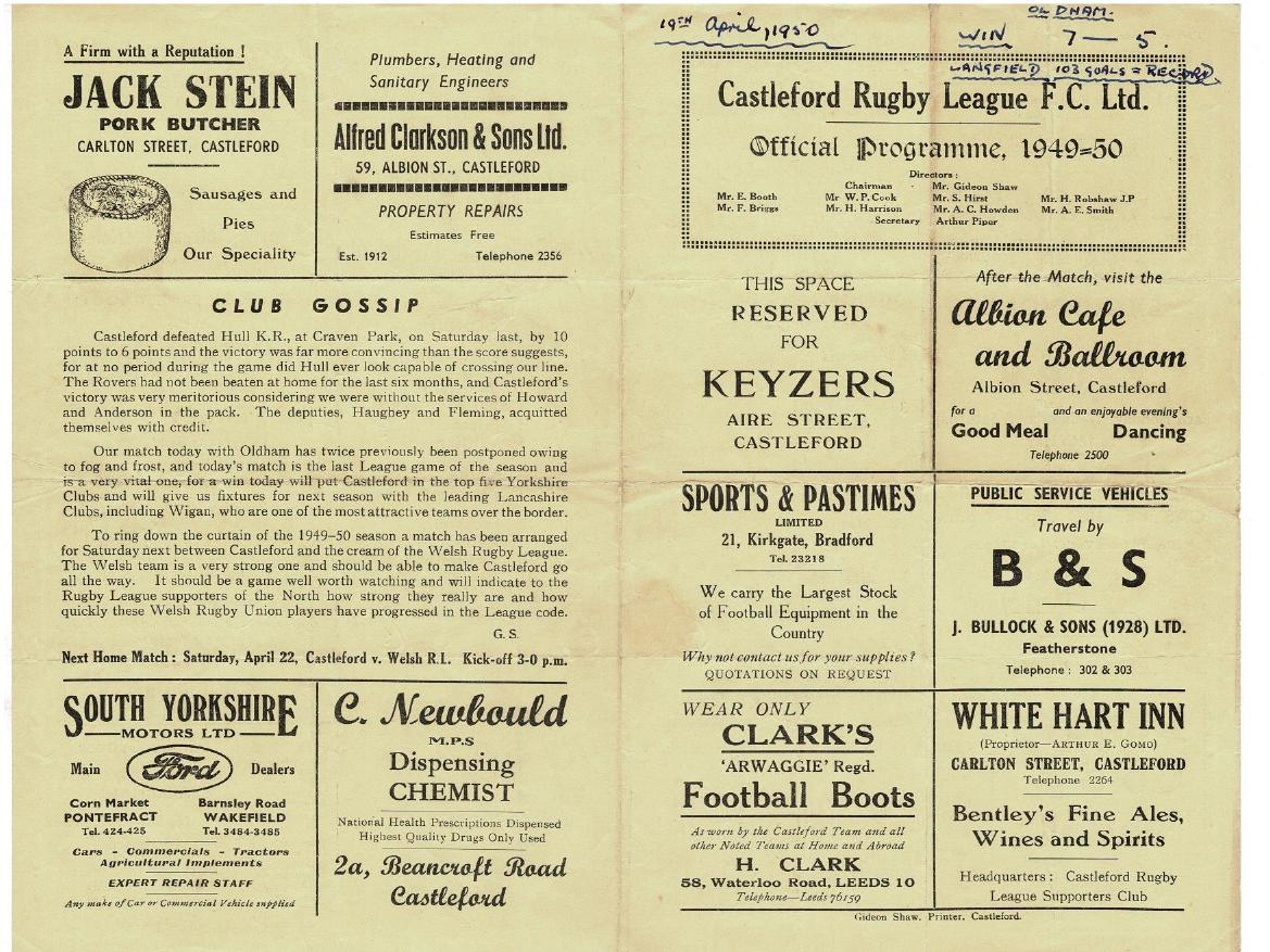 Programme cover: Oldham v Castleford, 19 April 1950