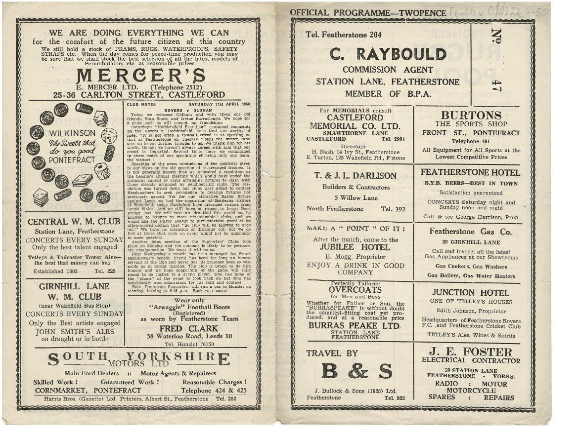 Programme cover: Oldham v Featherstone Rovers, 22 April 1950