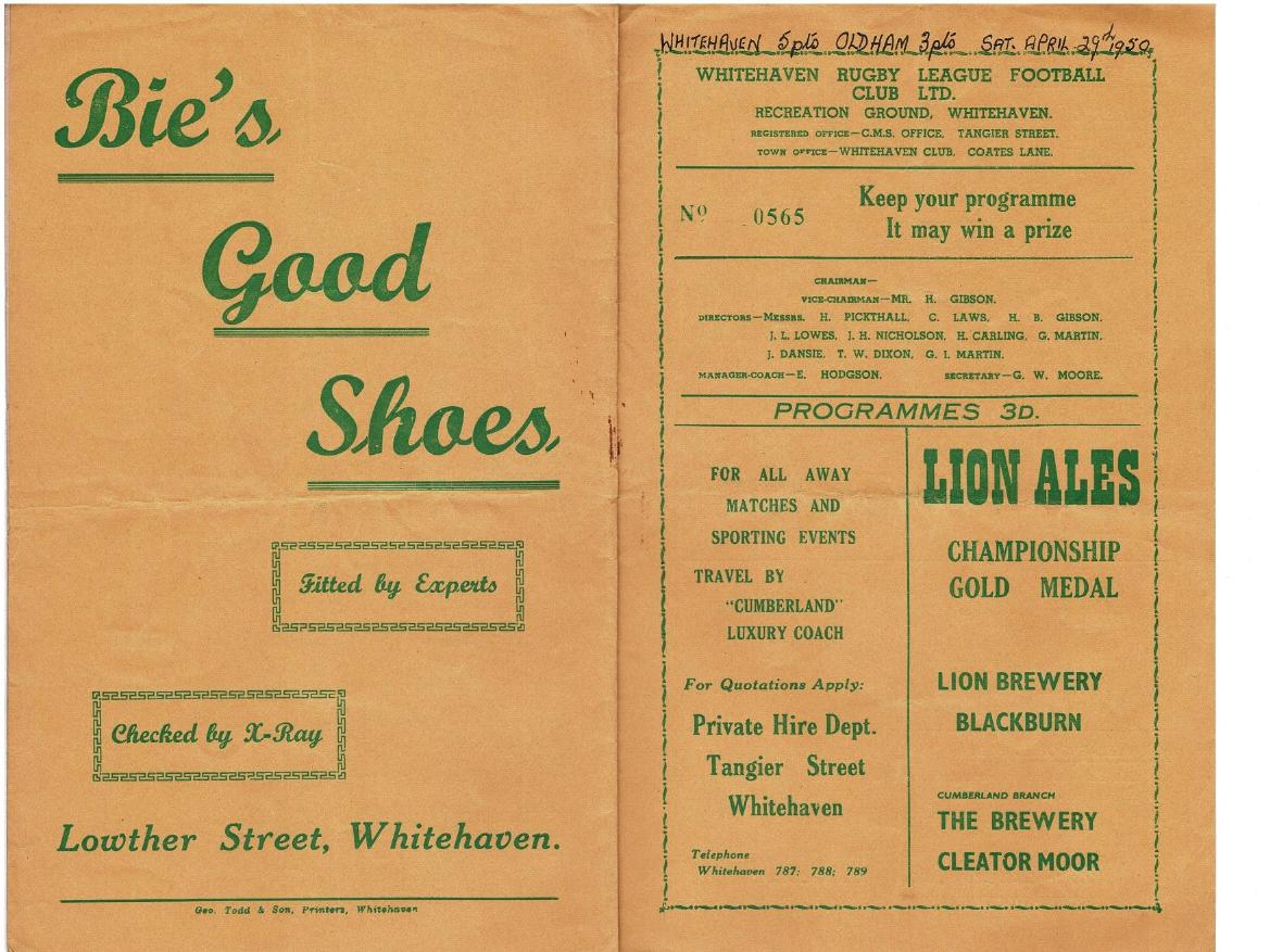 Programme cover: Oldham v Whitehaven, 29 April 1950