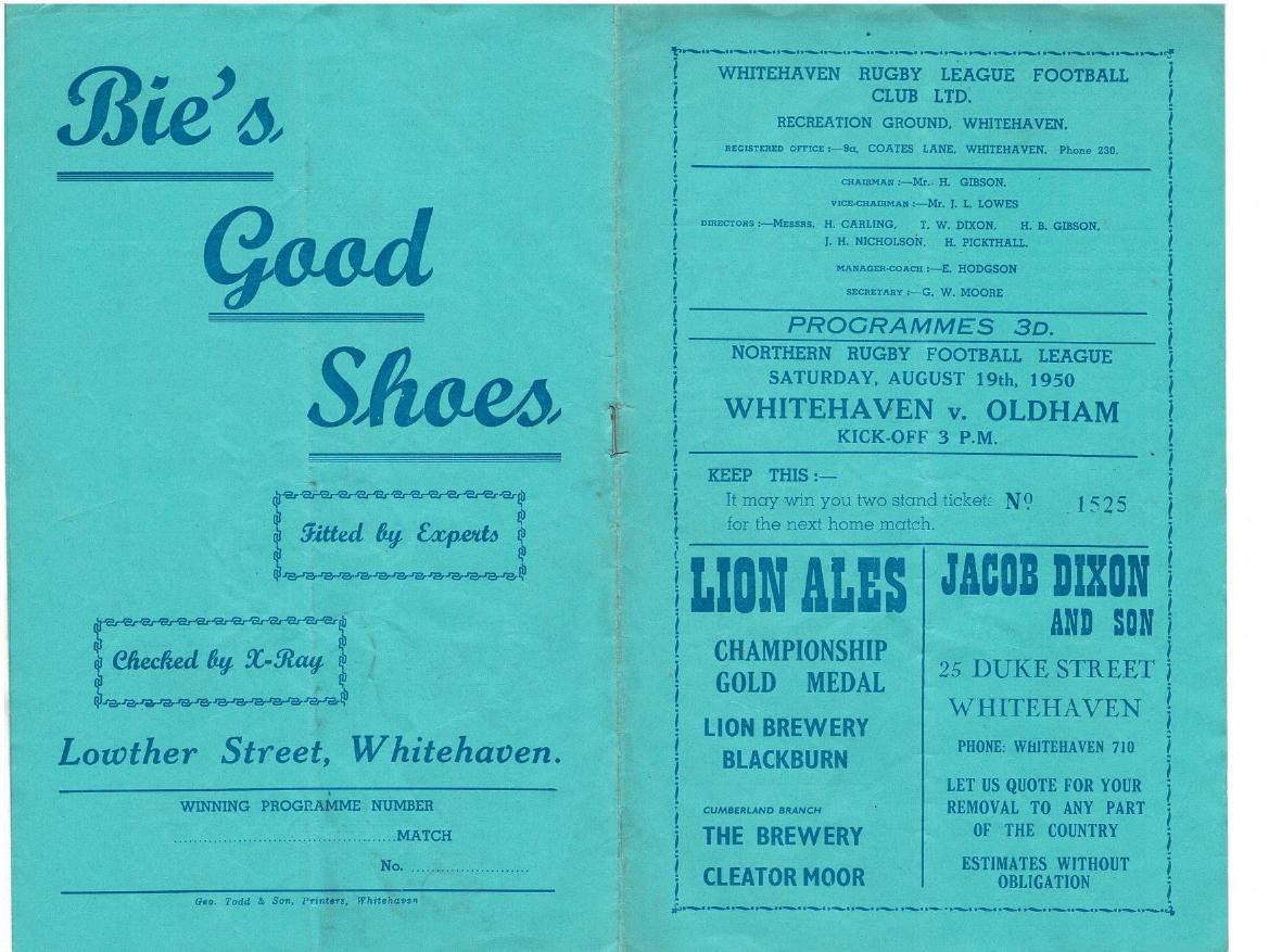 Programme cover: Oldham v Whitehaven, 19 August 1950